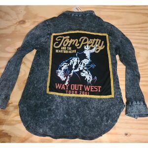 Feelin Groovy Upcycled Button Up Tim Petty Acid Wash Black and Gold Trim Top L